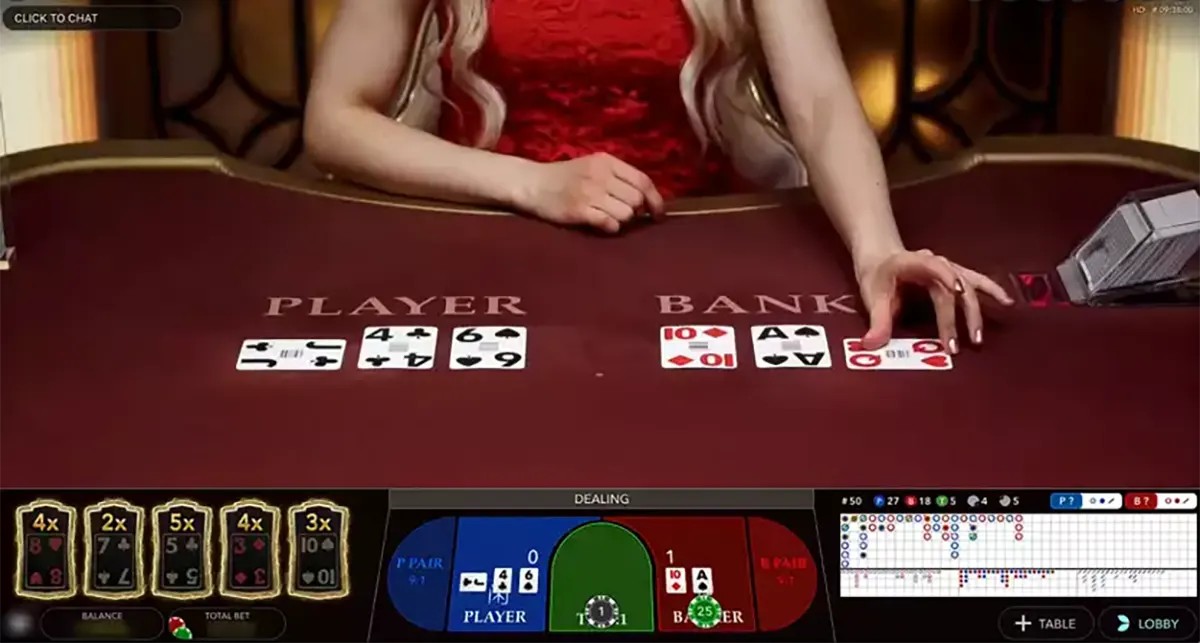 Live baccarat table interface showing a dealer in a red dress dealing three cards each to the “Player” and “Banker” hands, with betting options and multipliers along the bottom plus a results roadmap and table/lobby controls on the right.