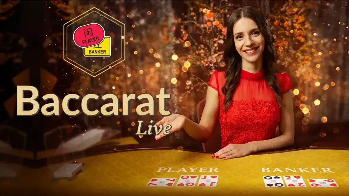 Live baccarat promotional image showing a smiling female dealer in a red dress behind a gold table, with “Baccarat Live” text and Player vs Banker cards displayed on the felt against a warm, bokeh-lit casino background.