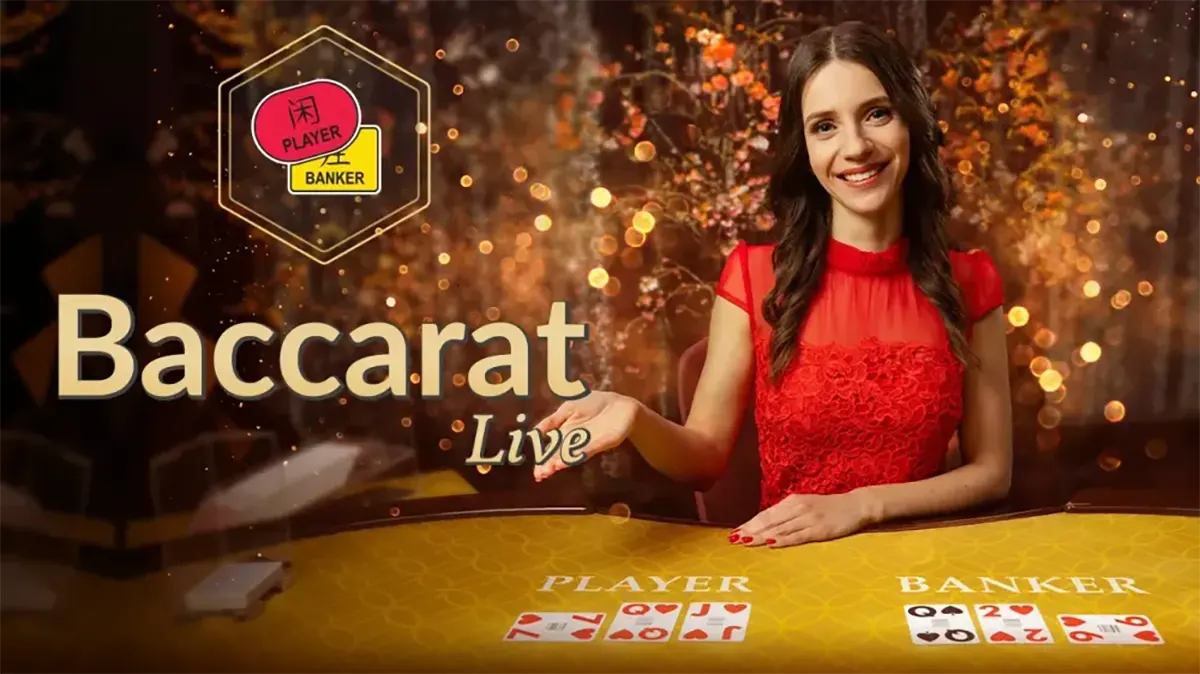 Live baccarat promotional image showing a smiling female dealer in a red dress behind a gold table, with “Baccarat Live” text and Player vs Banker cards displayed on the felt against a warm, bokeh-lit casino background.